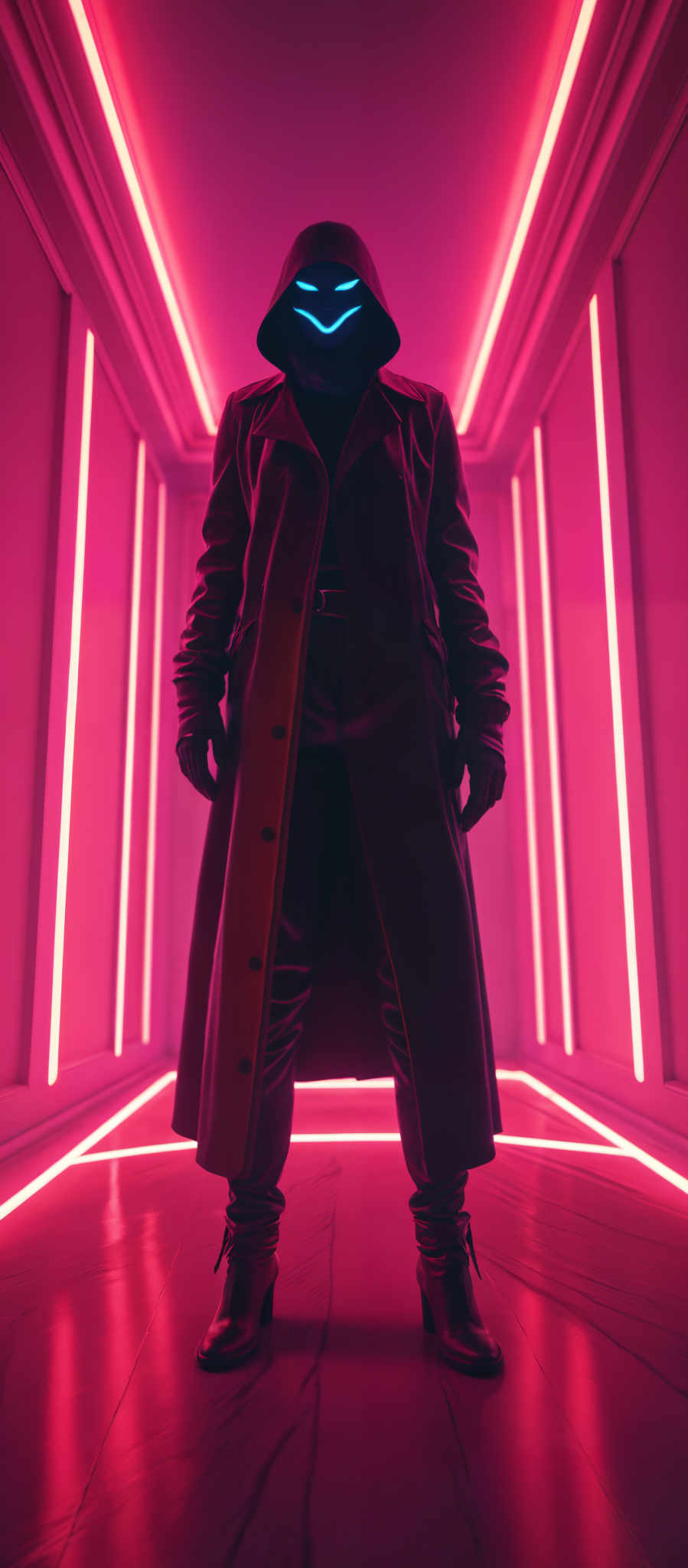 A man in a long black coat stands in a room with pink lights.