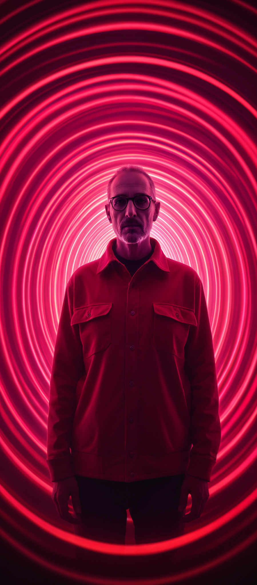 A man in a red shirt stands in front of a pink spiral background.