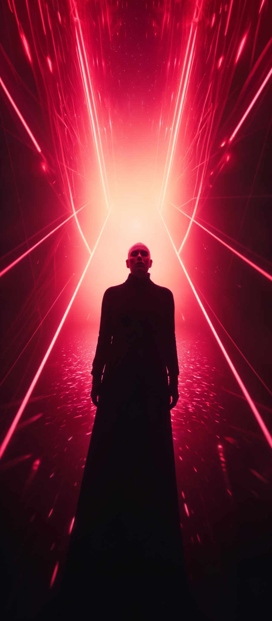 A man in a black suit stands in a room with red lights.