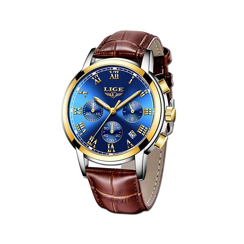 Lige 9810 Chronograph Leather Men’s Watch - Brown & Blue