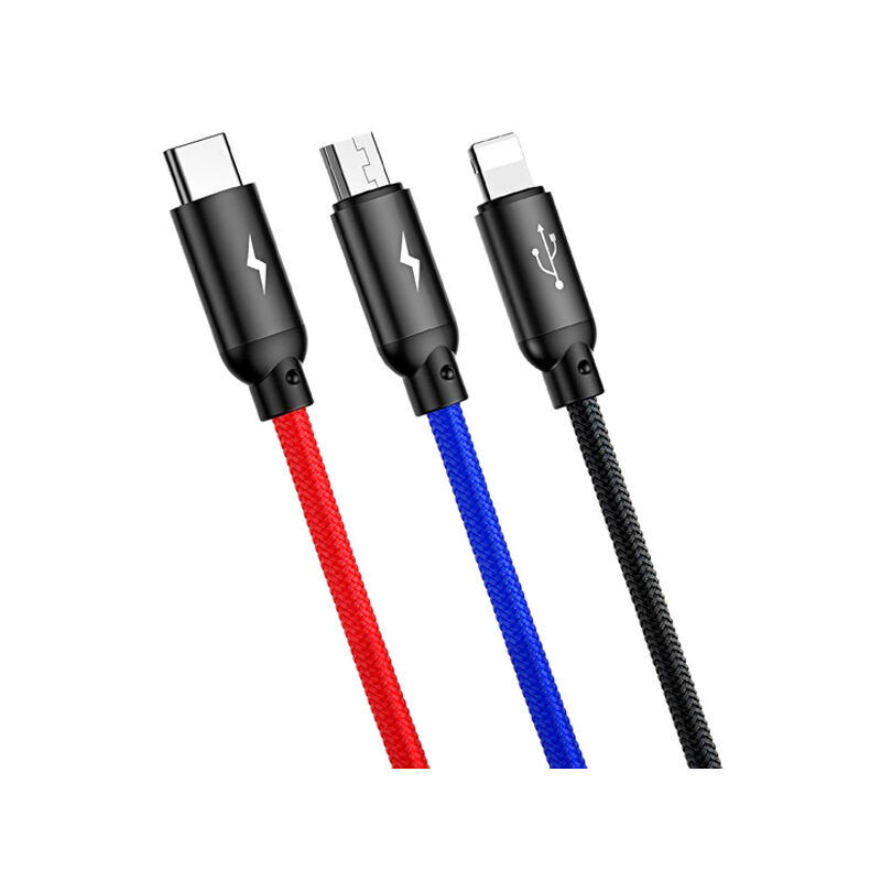 Baseus 3.5A Three Primary Colors 3-in-1 0.3m USB Cable For M+L+T – Black (CAMLT-BSY01)