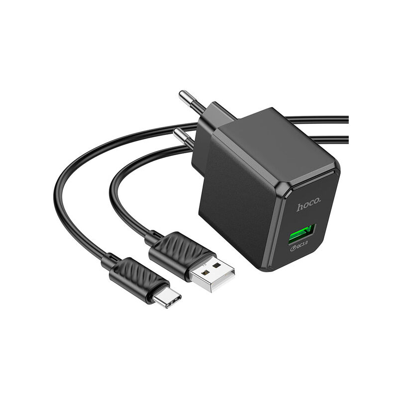 Hoco CS12A Ocean QC3.0 Type-C Cable Wall Charger (EU Plug) - Black