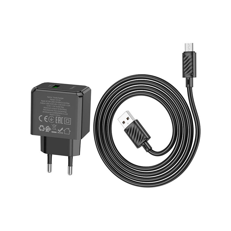 Hoco CS12A Ocean QC3.0 Micro-USB Cable Wall Charger (EU Plug) - Black