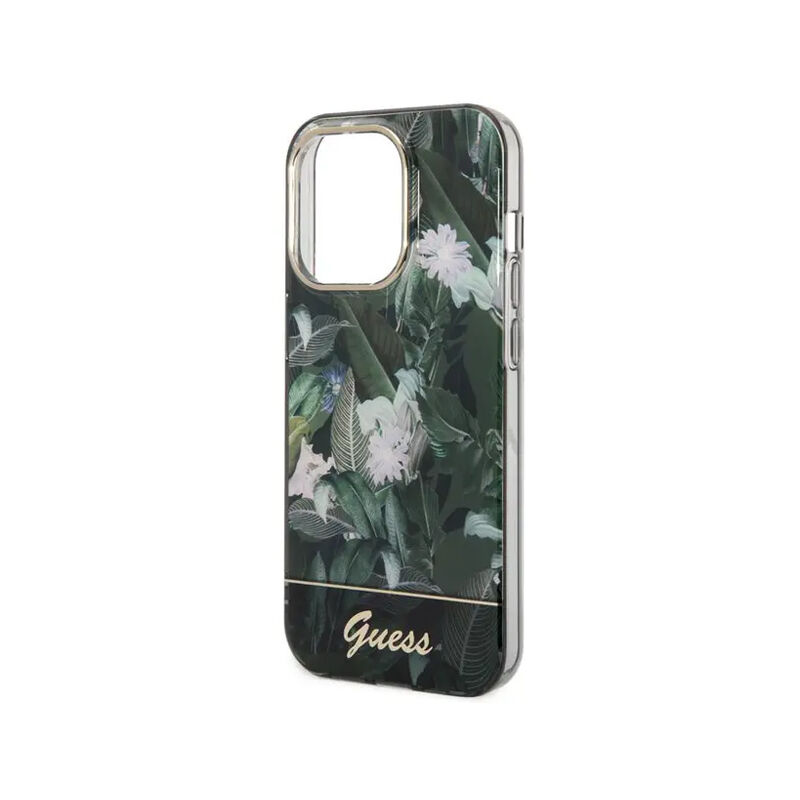 Guess Double Layer Electroplated Jungle Design PC/TPU IML Case for iPhone 14 Pro - Green