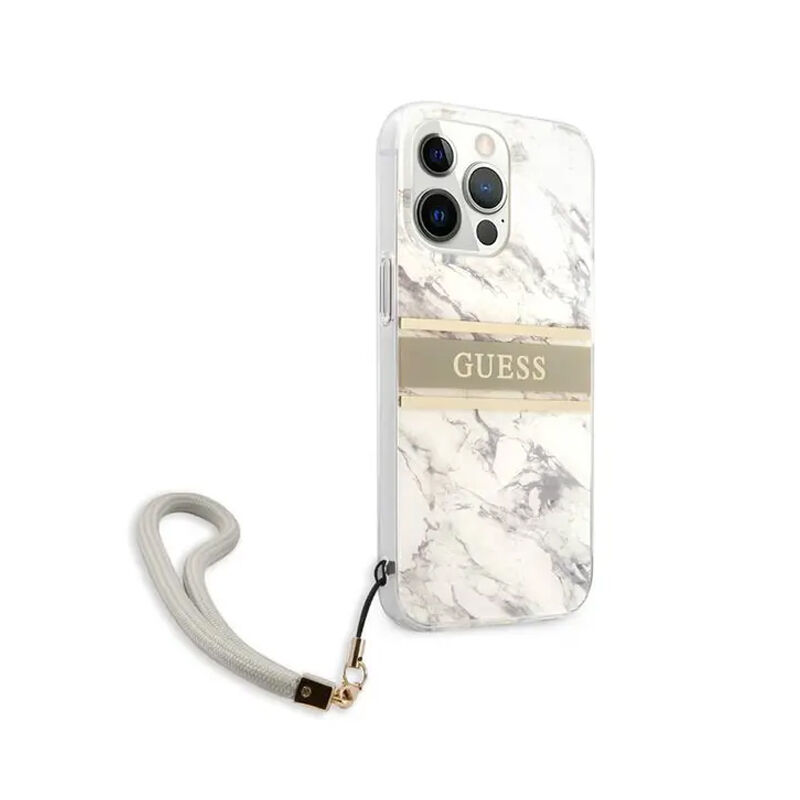 Guess Marble Design & Stripe PC/TPU Case with Anti-Lost Nylon Strap for iPhone 13 Pro - Grey