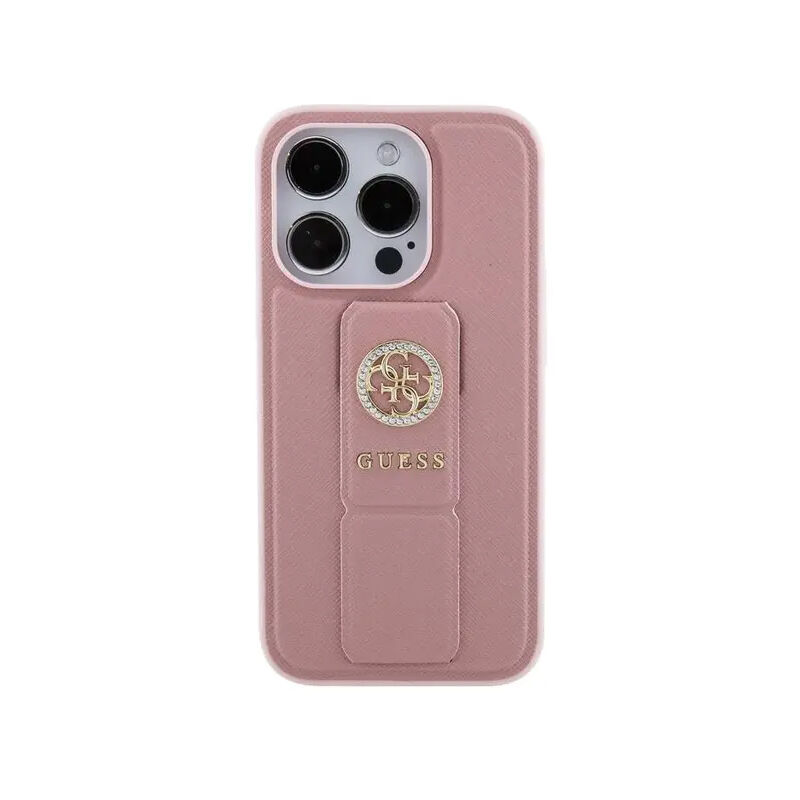 Guess Gripstand Saffiano Case with 4G Strass Metal Logo for iPhone 15 Pro - Pink