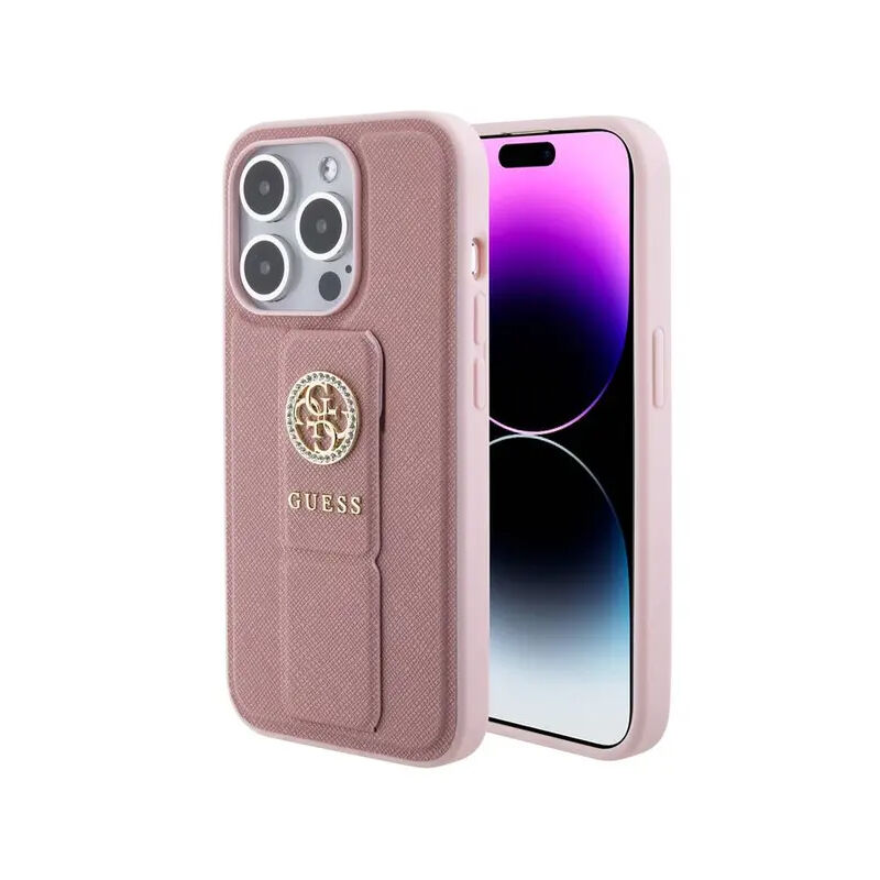 Guess Gripstand Saffiano Case with 4G Strass Metal Logo for iPhone 15 Pro - Pink