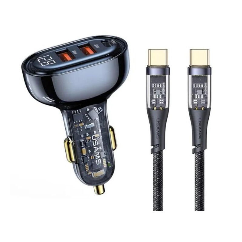 USAMS Ice Series 80W 3-Port Transparent Car Charger with 100W Type-C Cable