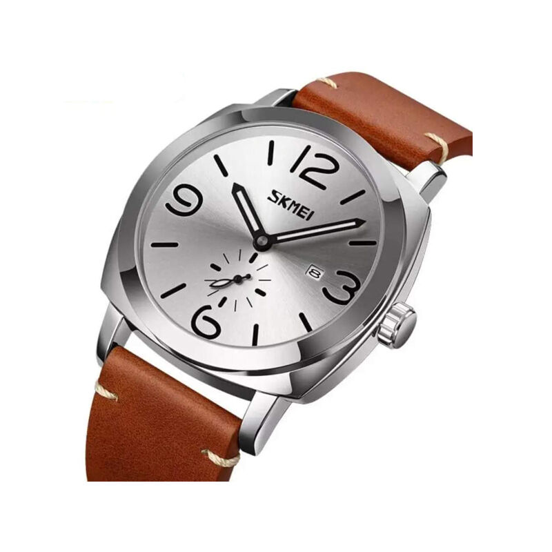 Skmei 9305 Quartz Leather Men’s Watch - Silver & Brown
