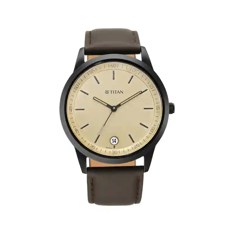 Titan NP1806NL02 Workwear Men's Watch with Golden Dial & Leather Strap