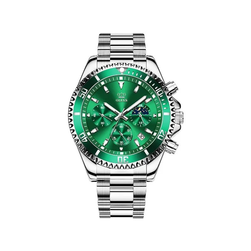 Olevs 2870 Stainless Steel Date Analog Quartz Men’s Watch – Silver & Green