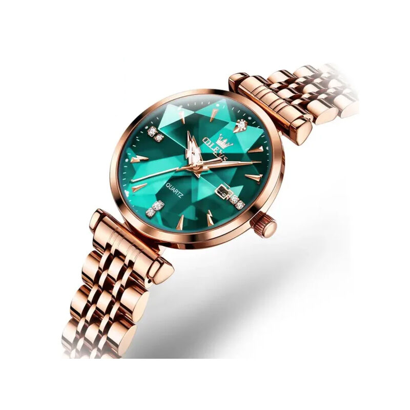 Olevs 5536 Diamond Cart Luxury Exquisite Women’s Watch - Rose Gold & Green