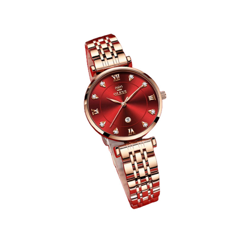 Olevs 5866 Casual Analog Quartz Stainless Steel Women’s Watch – Rose Gold & Red