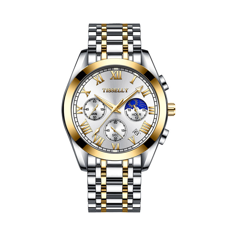 Tisselly 6601 Moon Phase Chronograph Men’s Watch - Silver Gold & White