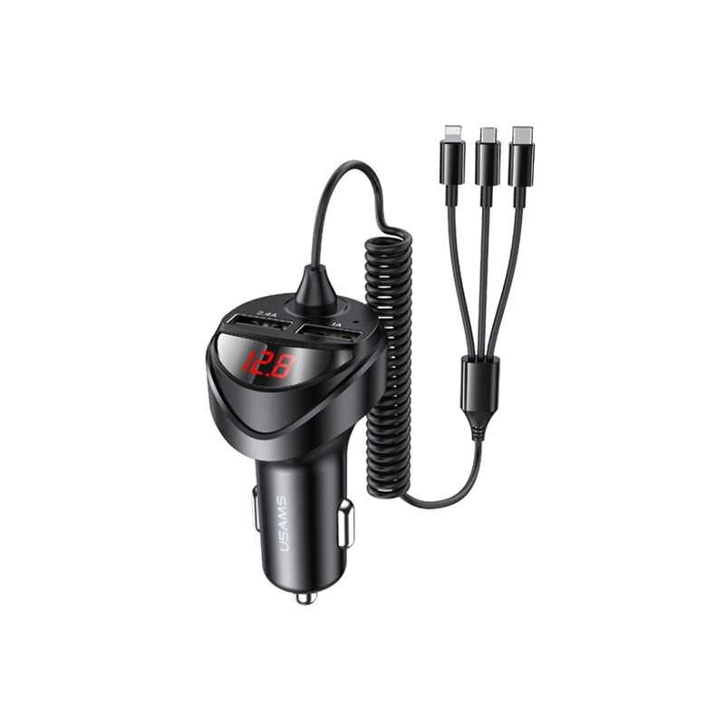 USAMS US-CC119 C22 Dual USB Digital Display Car Charger With 3-in-1 Cable - Black