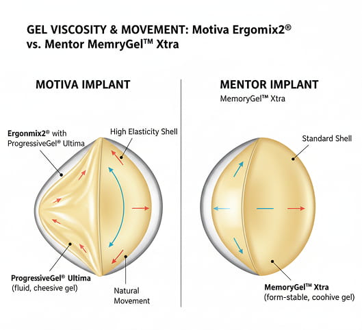 Cross-section of Motiva vs Mentor implants showing gel viscosity and movement