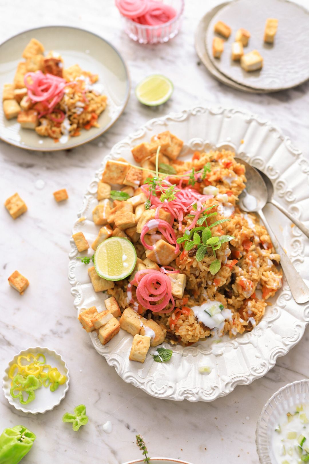 Biryani with jasmine rice, crispy tofu, fresh dip & sour