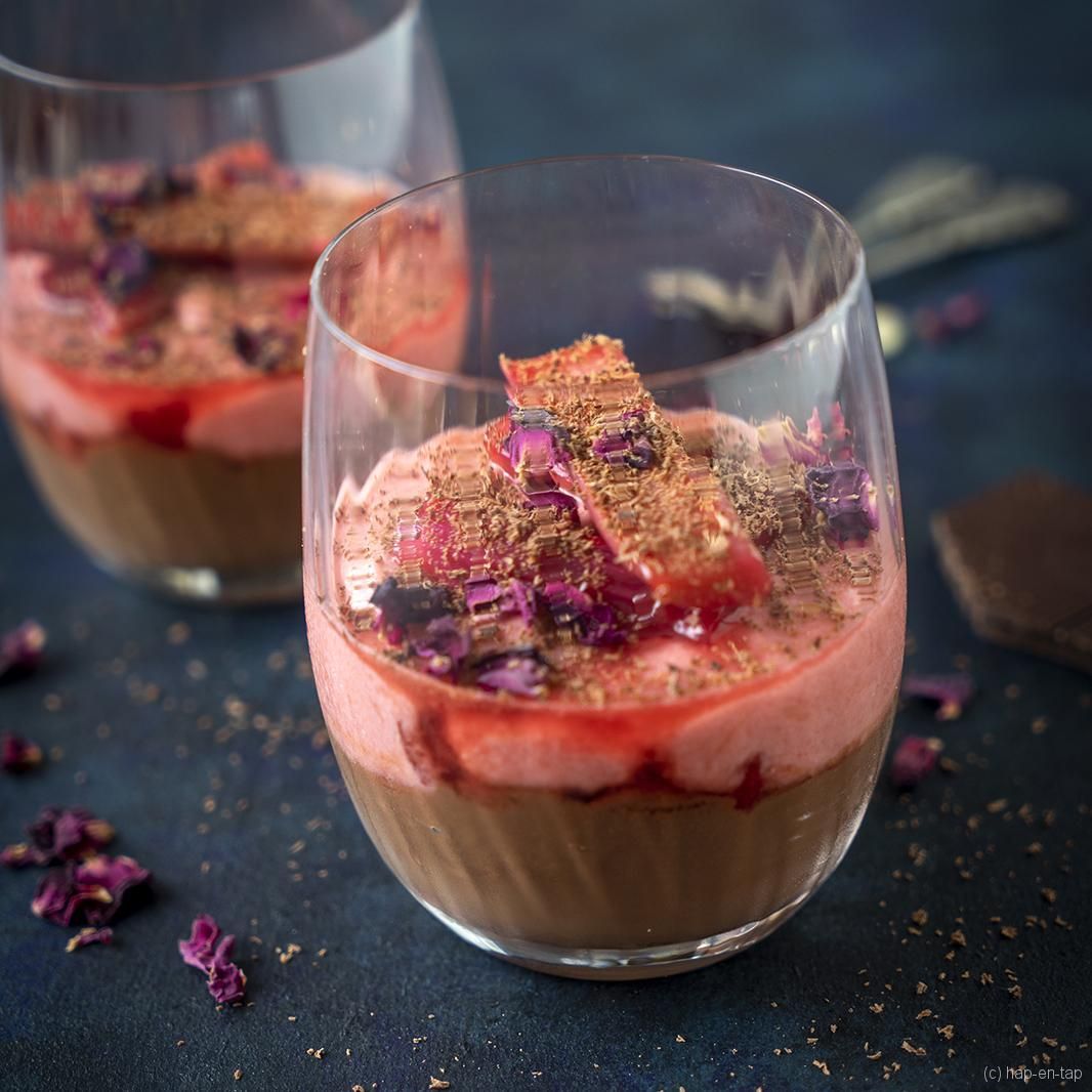 Chocolate parfait with rhubarb and rose water