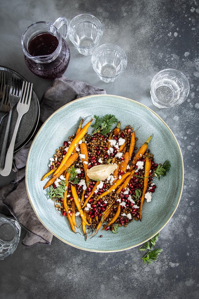 Lentil salad with carrot and tahini dressing