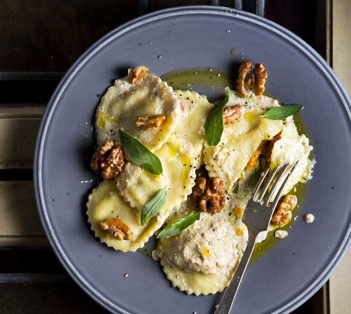 Pumpkin ravioli with creamy walnut sauce