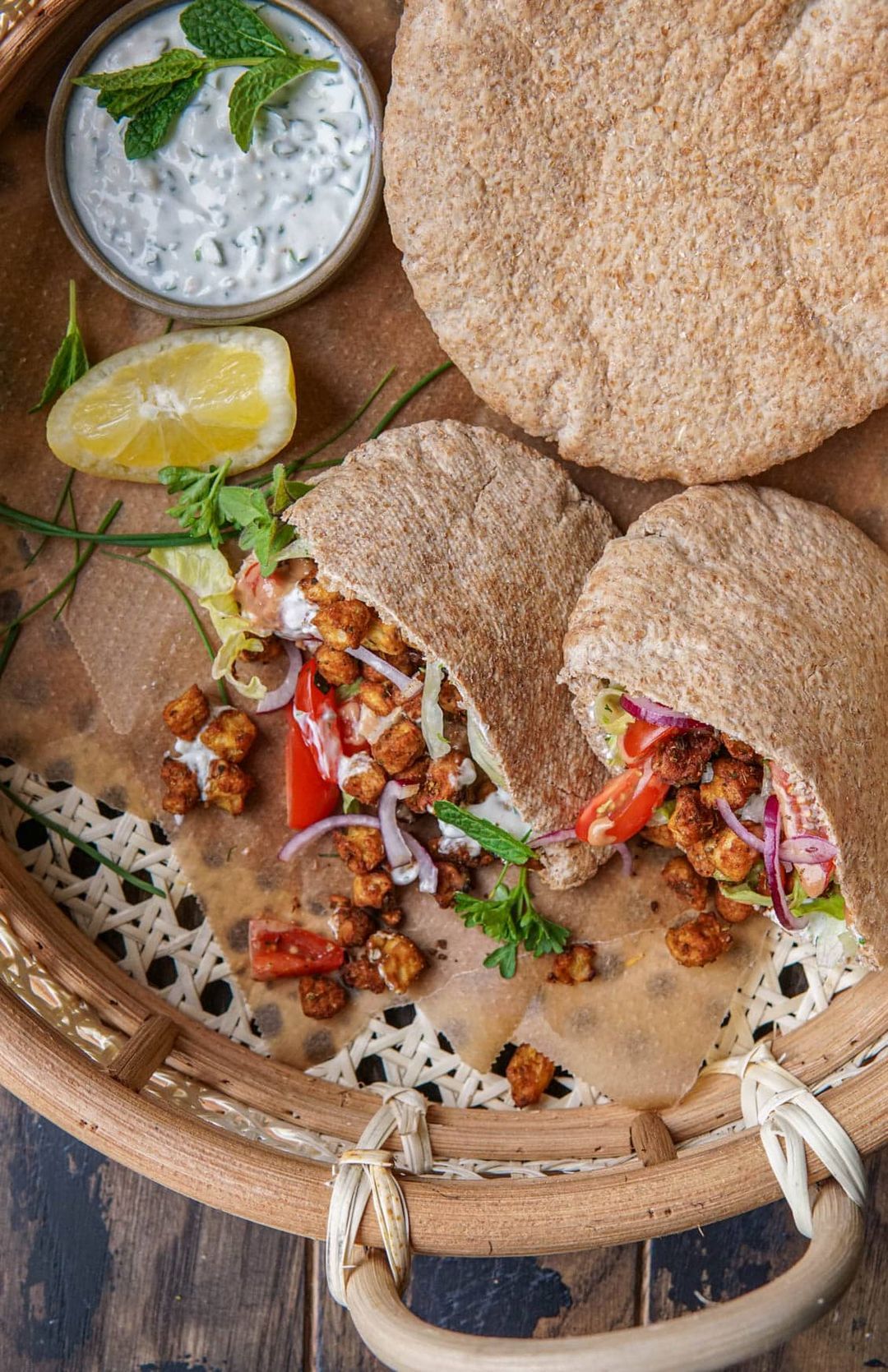 Vegan pita shawarma with soy pieces and tahini dressing