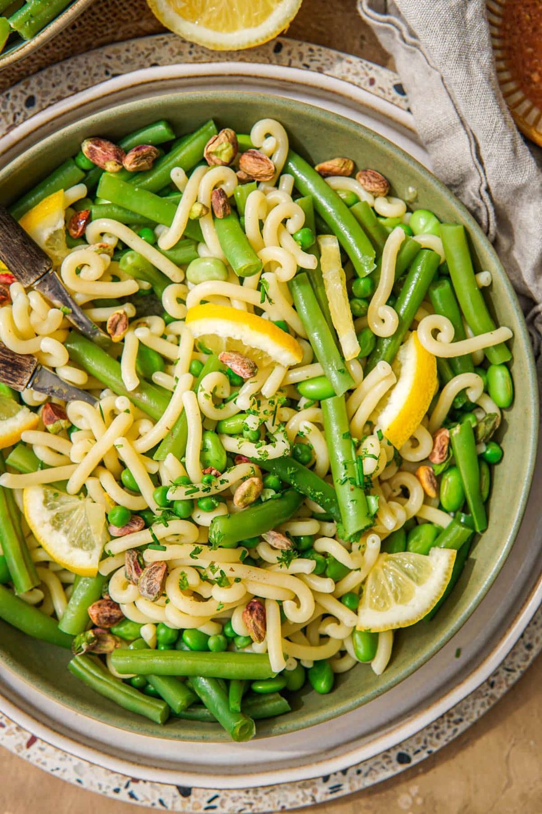 Vegan pasta salad with green beans and tahini dressing