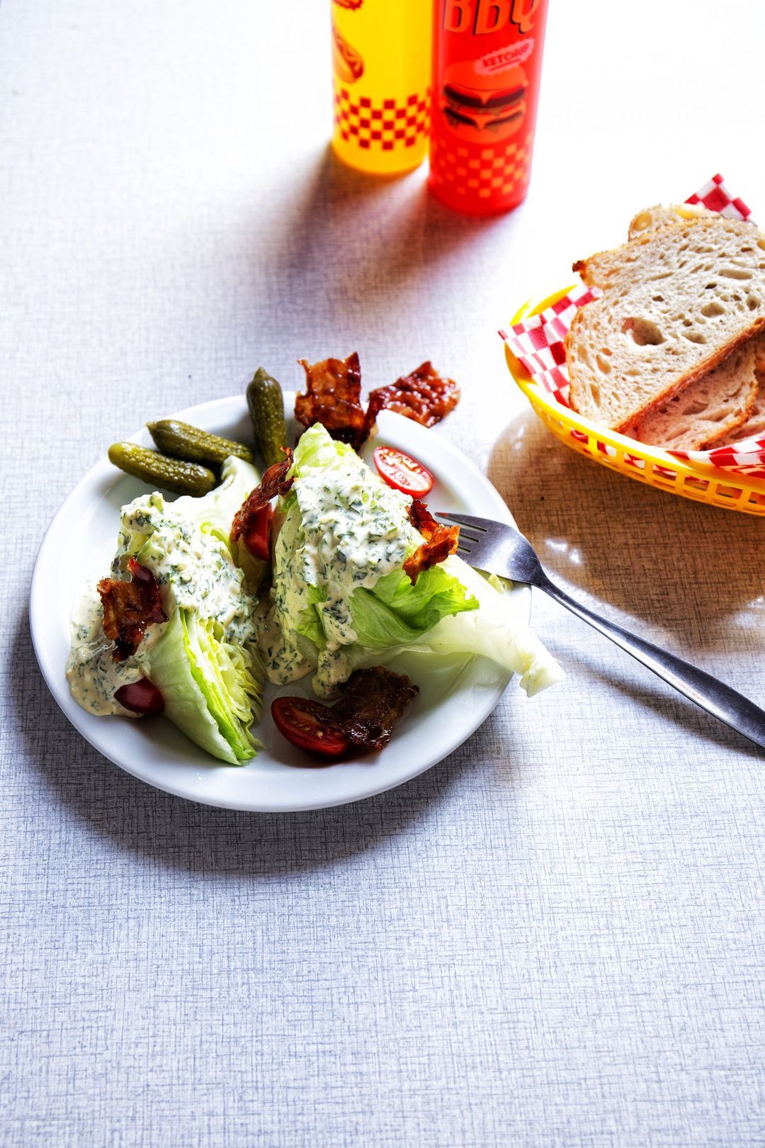 Wedge salad with ranch dressing and sweet bacon