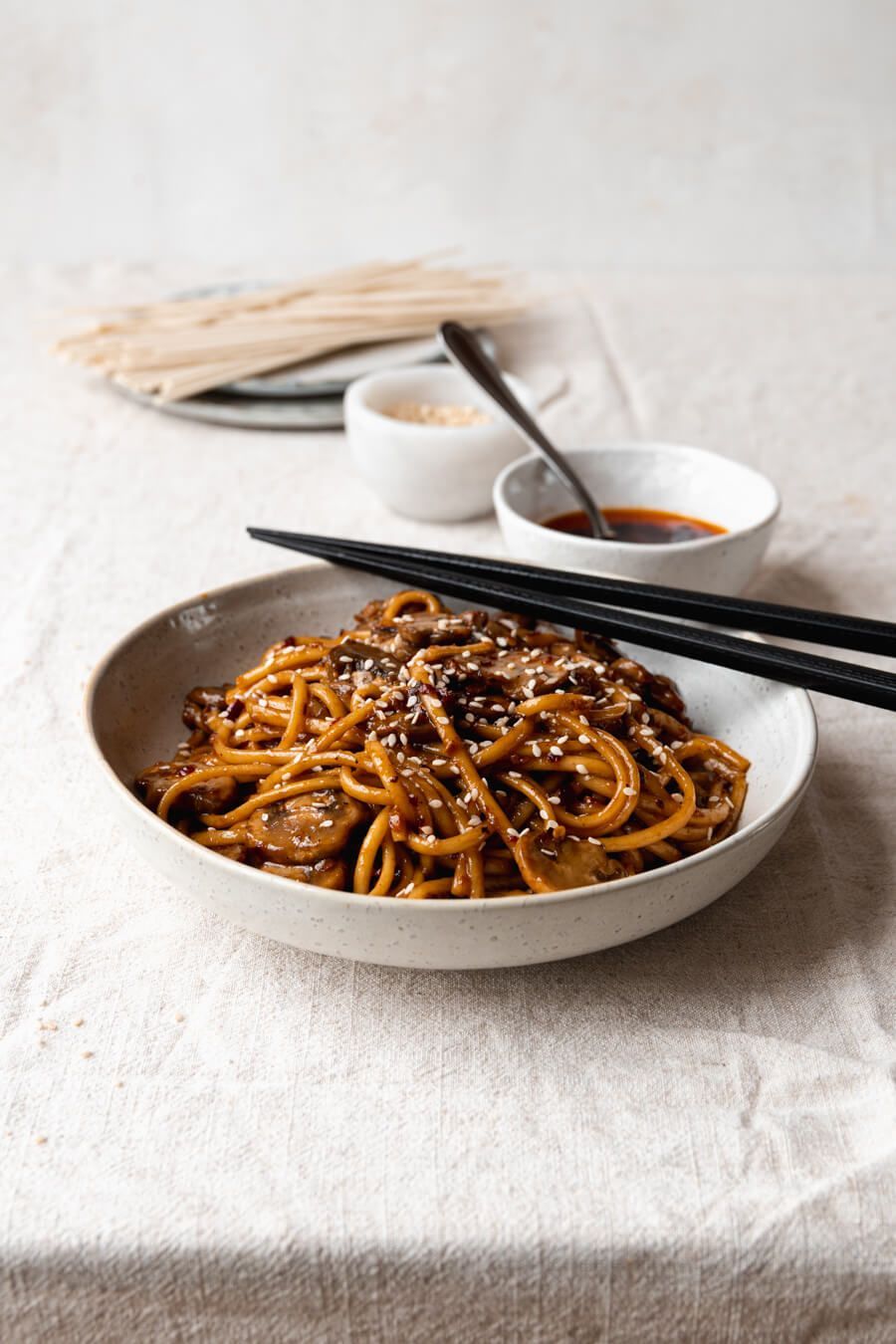 Vegan spicy udon noodles with mushrooms