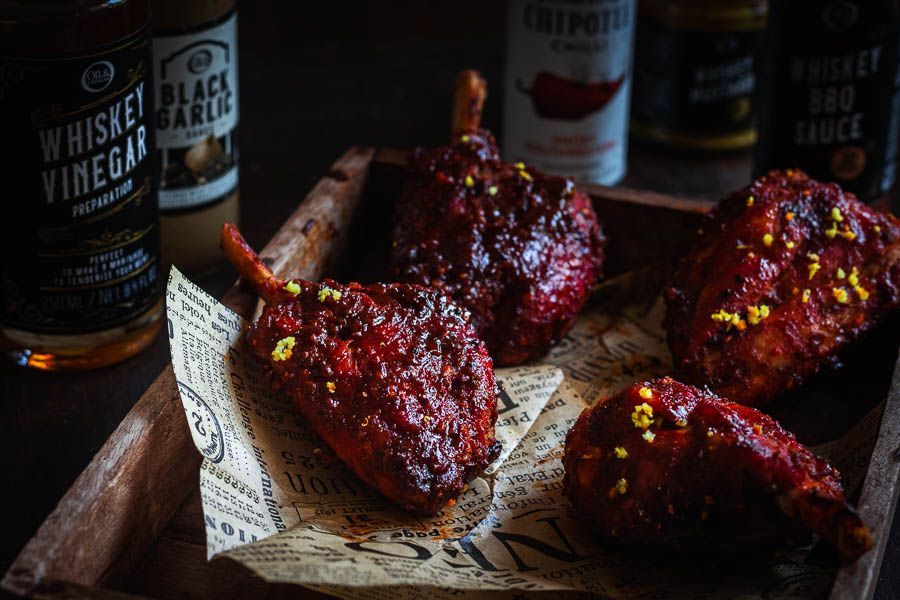 Smoked Pig Wings with chipotle, whiskey and black garlic