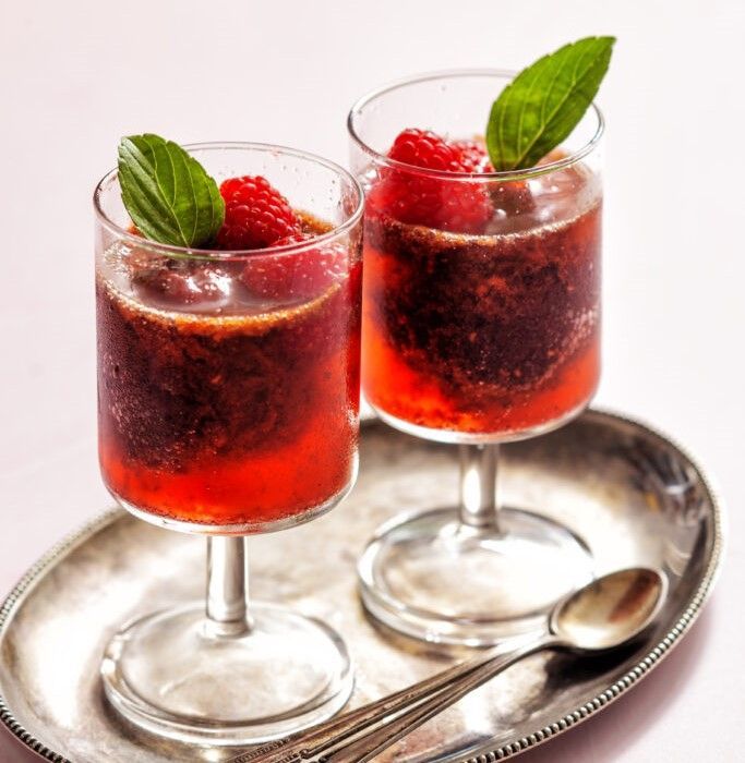 Raspberry sorbet with basil and rosé champagne