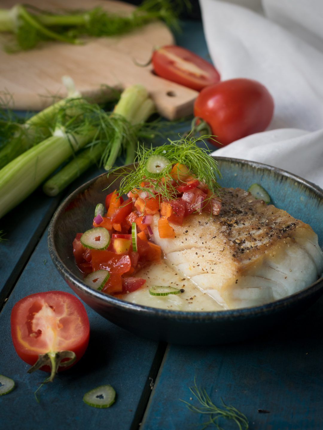 Saithe fillet with fennel puree and salsa of tomato and bell pepper