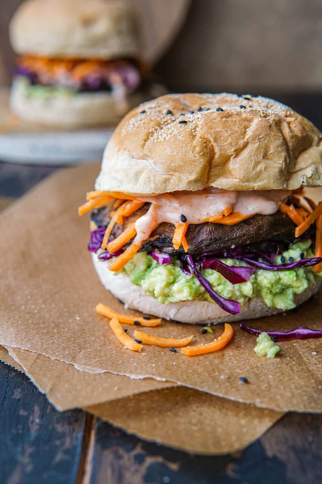 Vegan miso portobello burger with raw salad