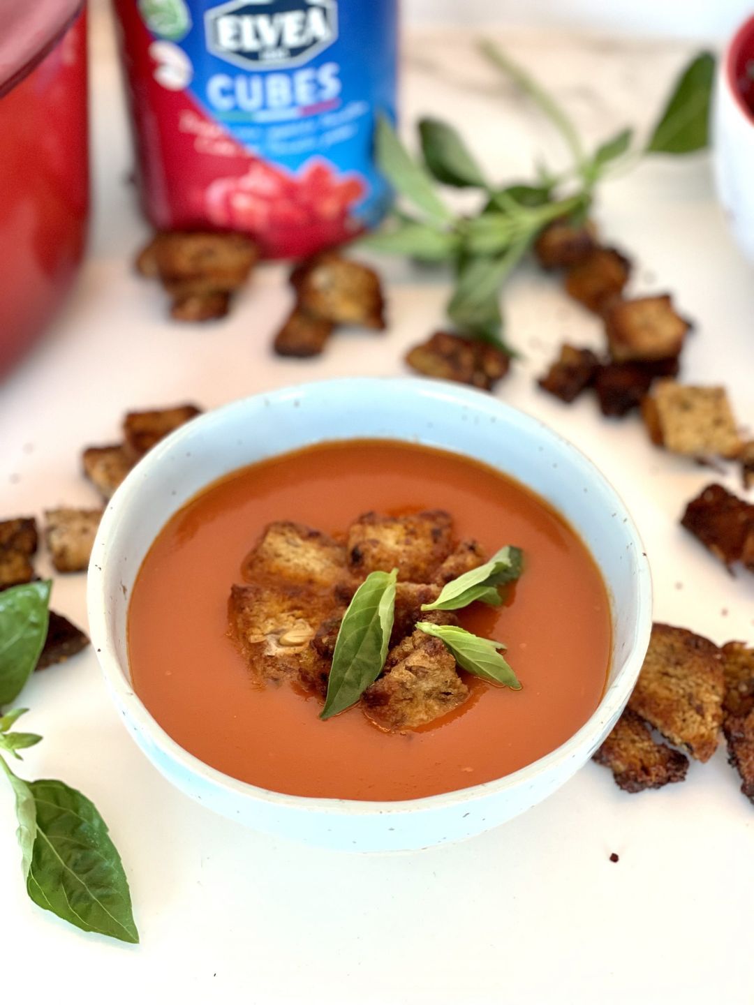 Super fast tomato soup with pesto croutons