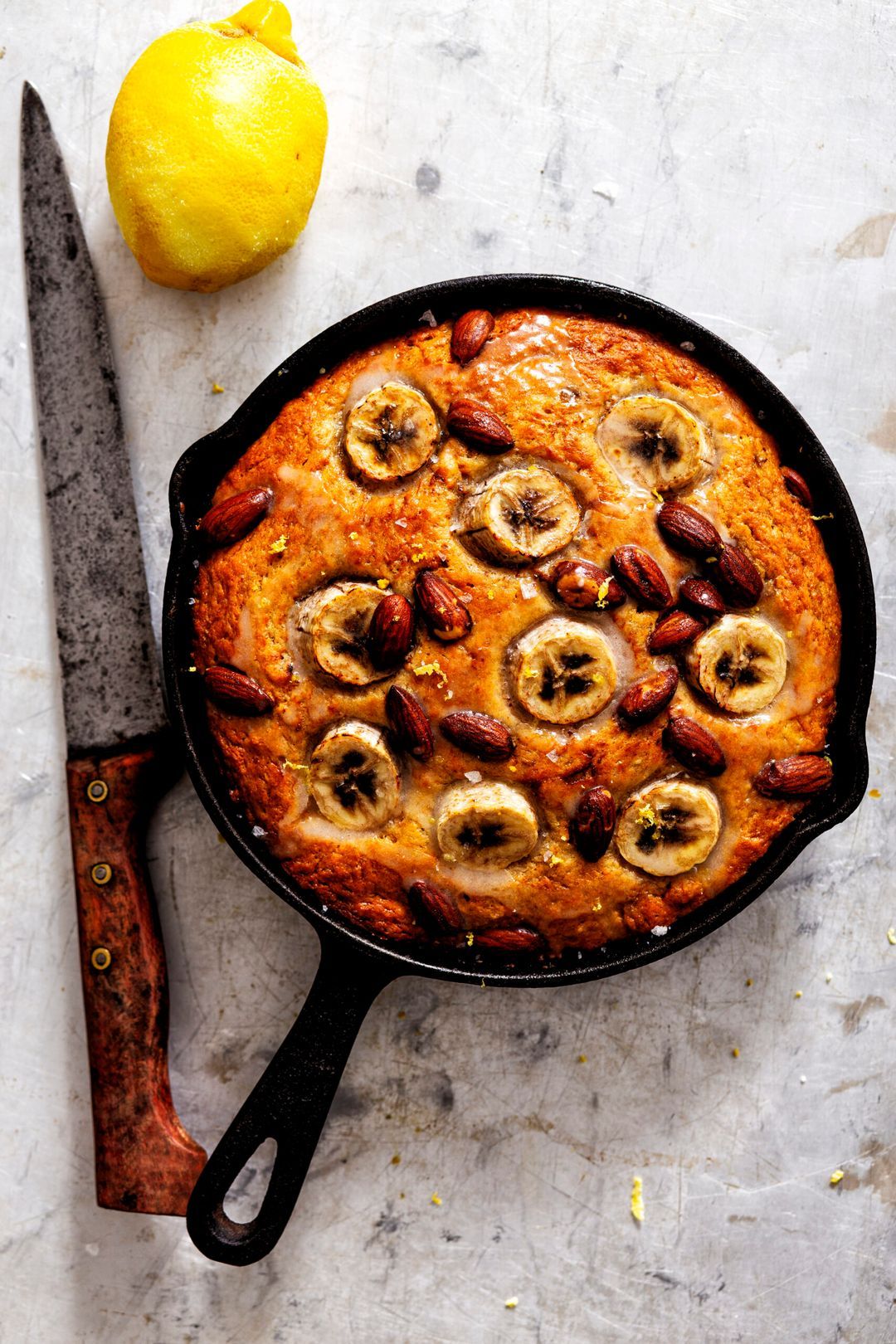 Skillet banana bread with smoked almonds