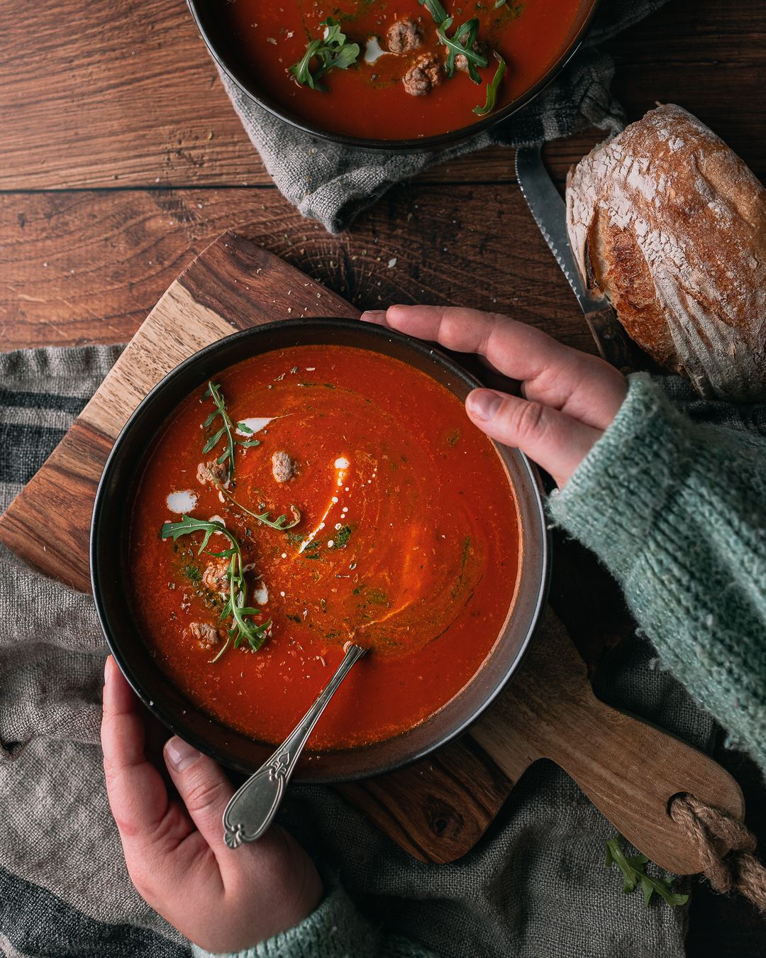 Not so everyday tomato-paprika soup with peperonata & arugula pesto