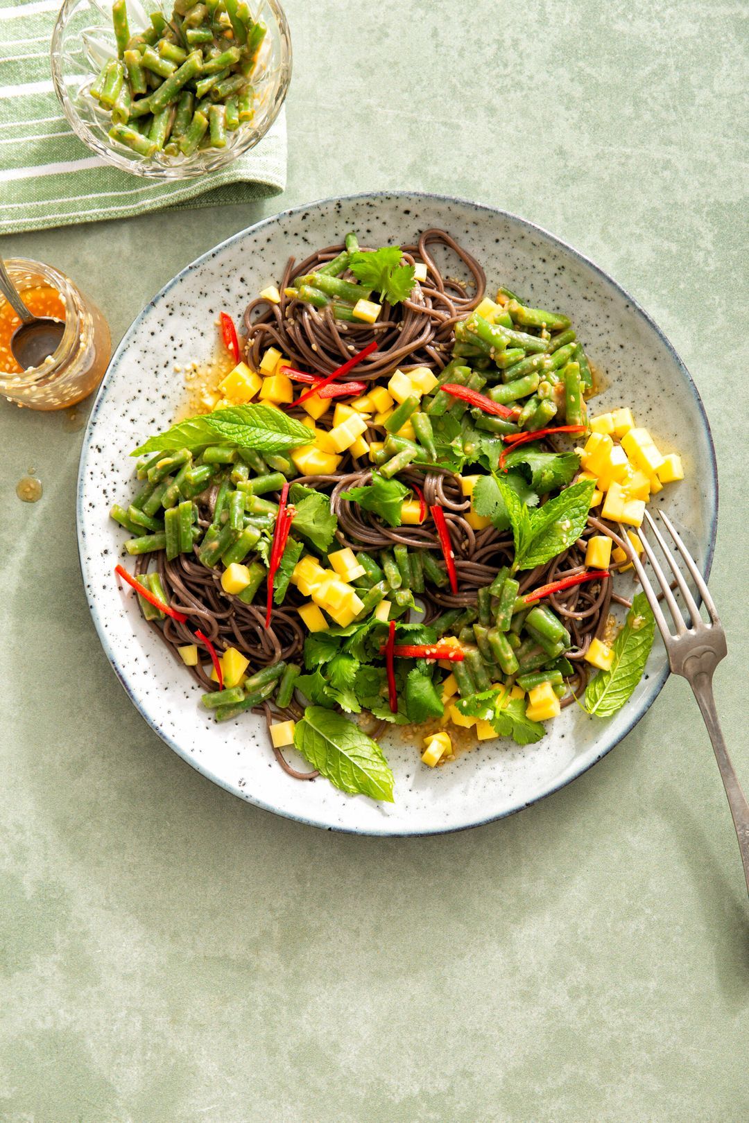 Soba noodle salad with miso beans and mango