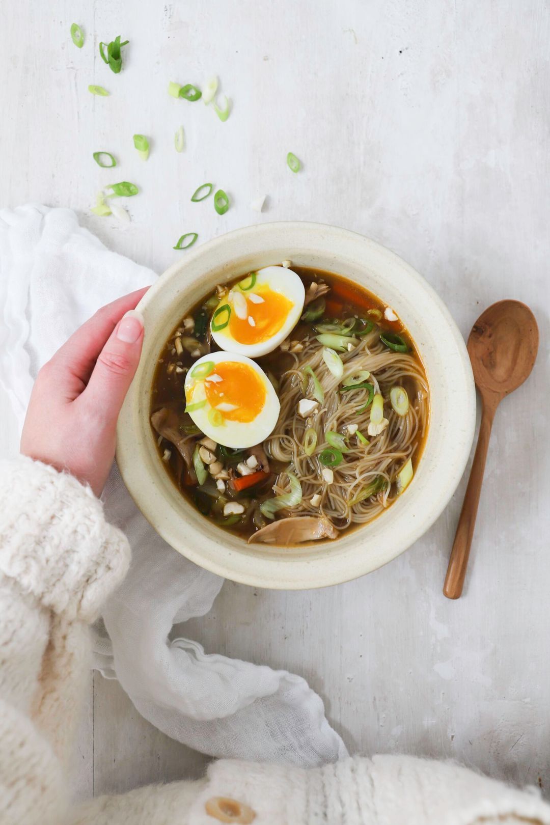 Oriental chicken soup with glass noodles, pak choi and the perfect egg