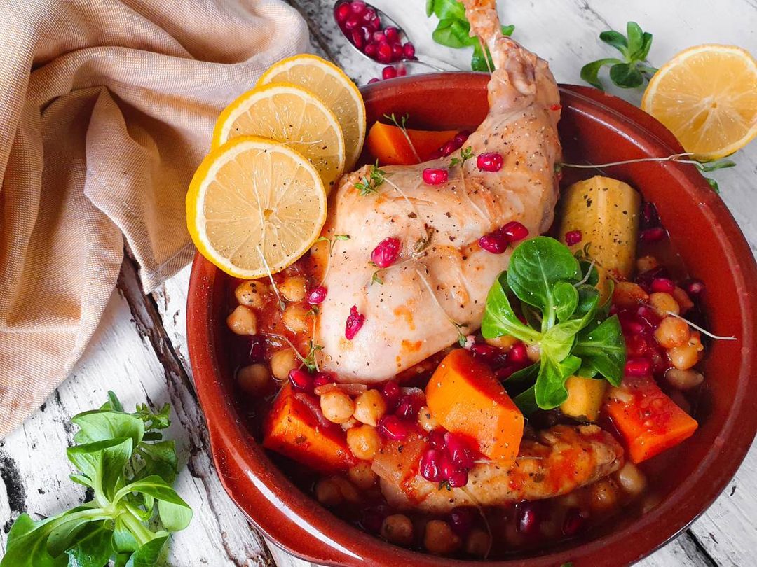 Rabbit stew with sweet potato, chickpeas and pomegranate