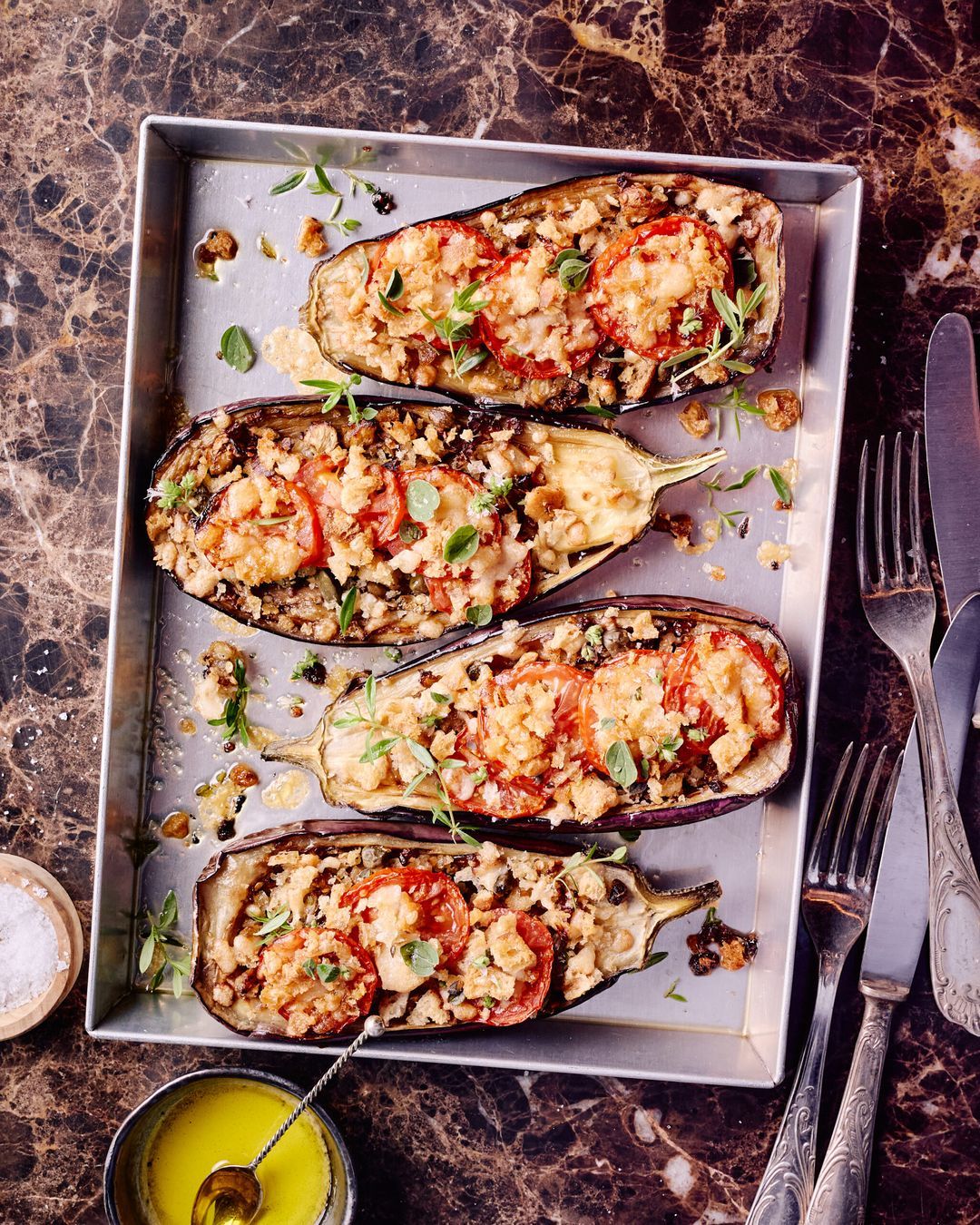 Stuffed aubergines with capers and parmesan