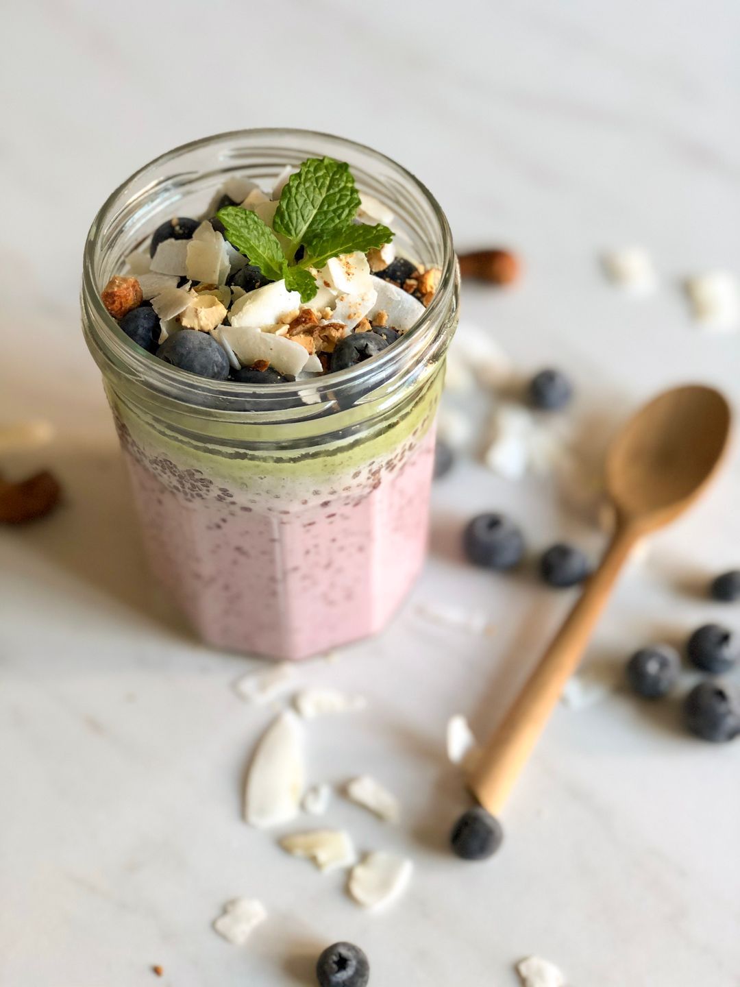 Chia pudding with raspberries and matcha