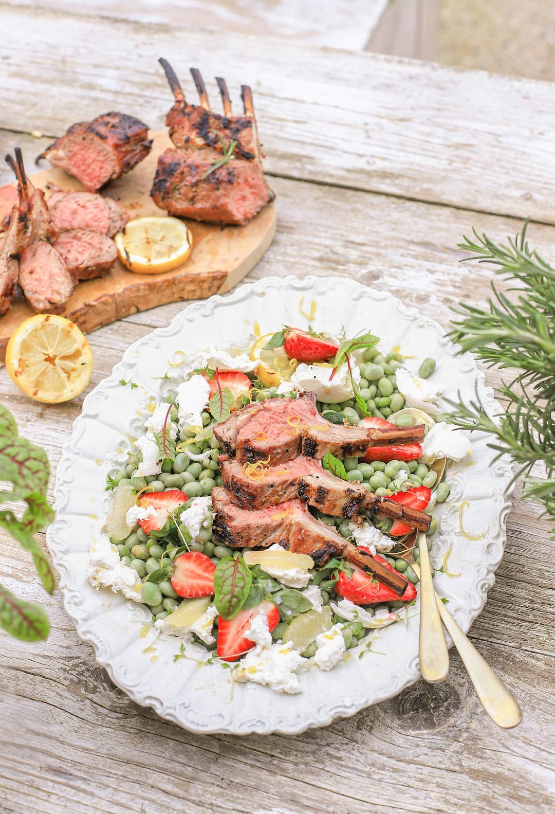 Grilled rack of lamb salad burrata, strawberry and peas