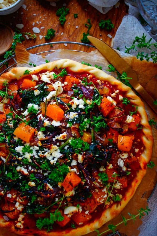 Pizza with pumpkin and caramelized onion