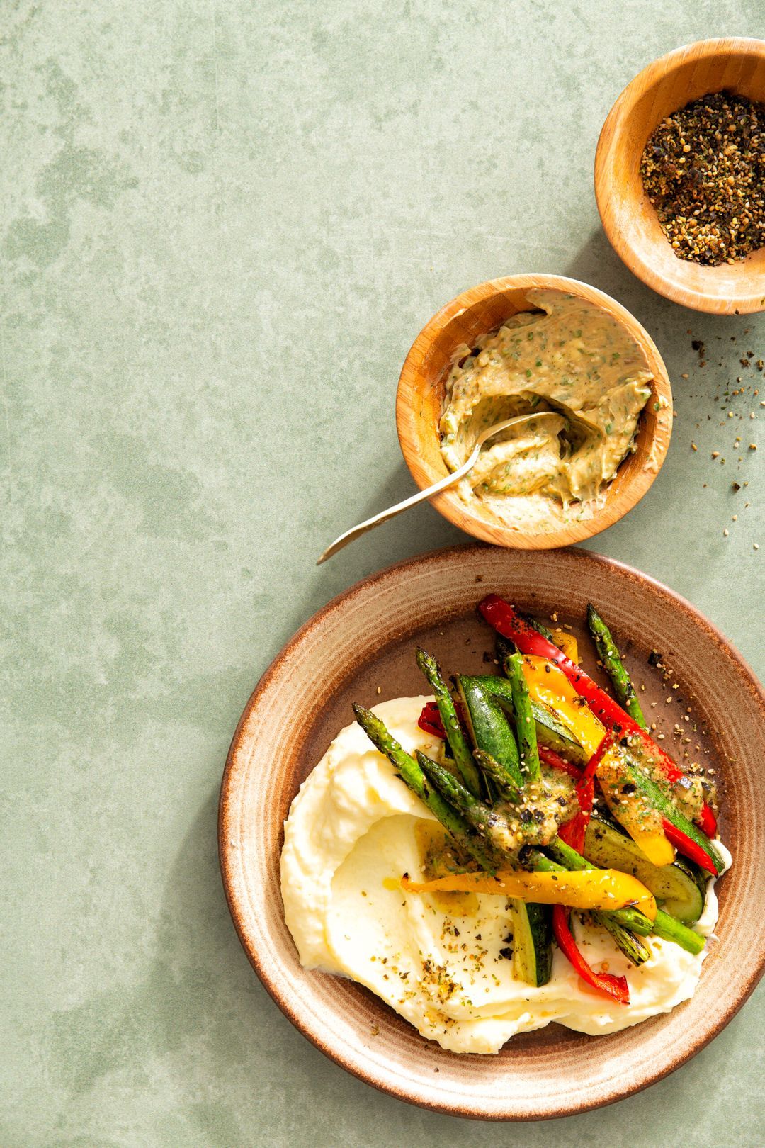 Grilled vegetables with miso butter and creamy puree