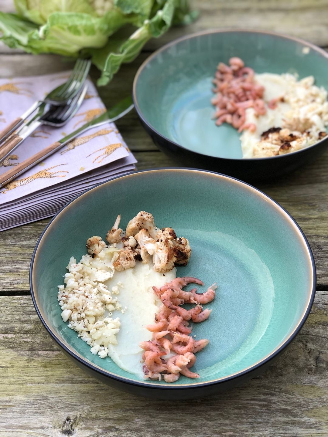 Cauliflower in 3 ways with gray shrimp and watercress