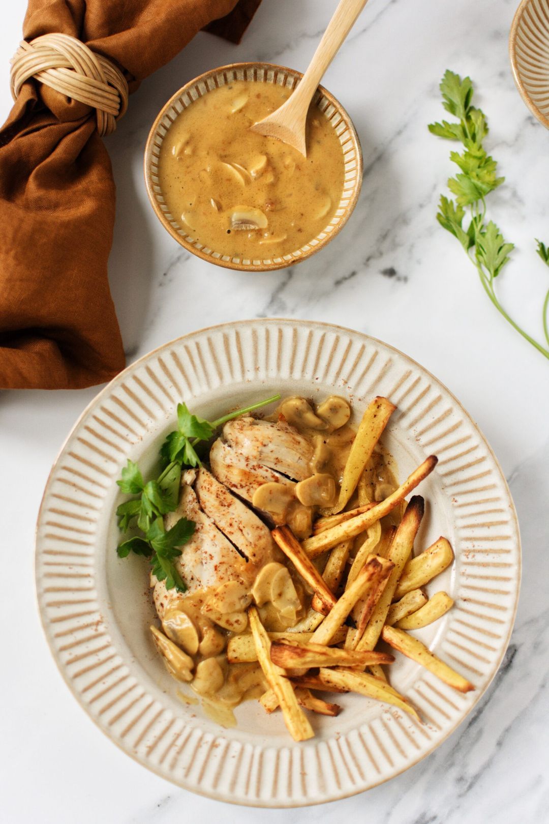 Chicken Archiduc with parsnip fries