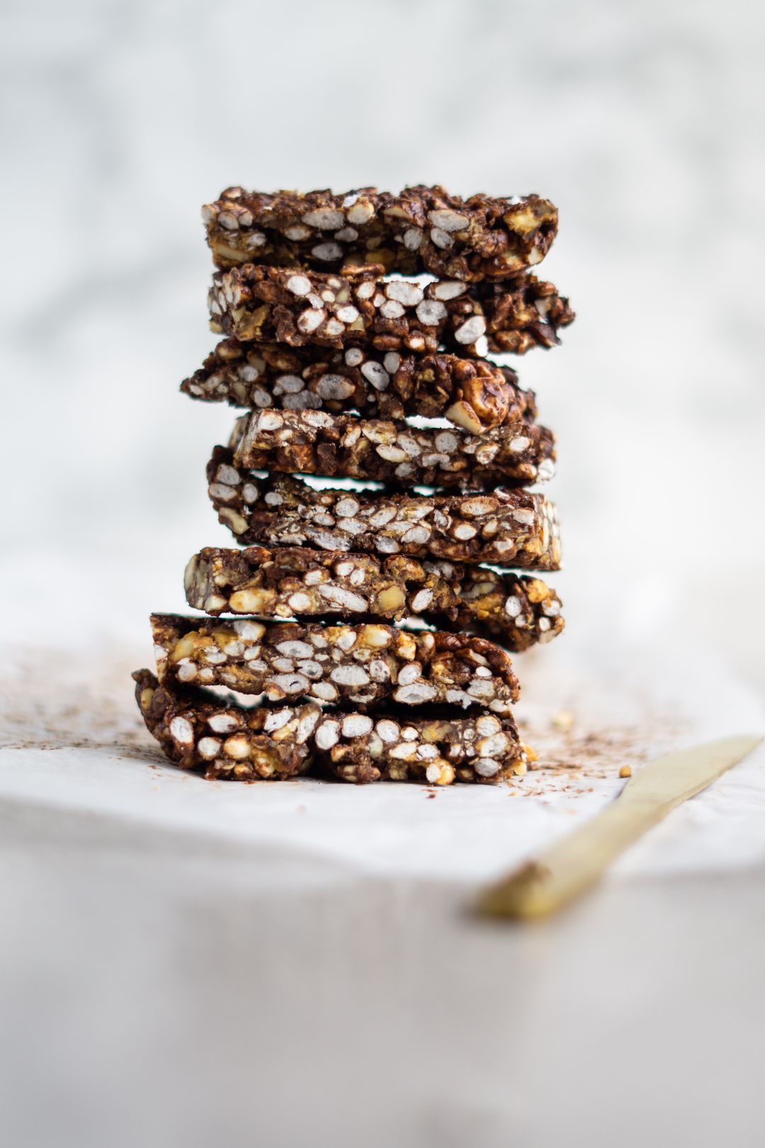 Puffed rice bar with chocolate and nuts