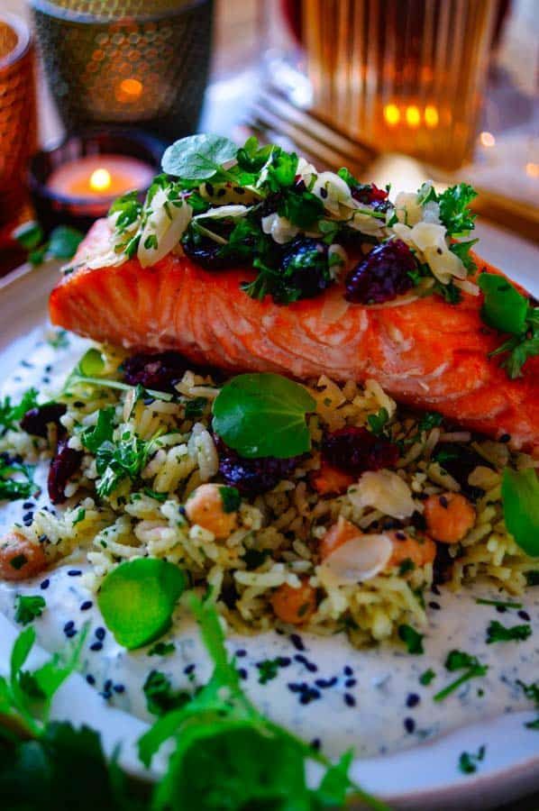 Salmon from the oven with pilav rice