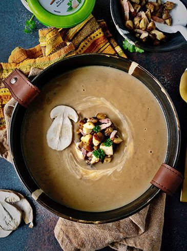 Chestnut soup with porcini mushrooms and smoked bacon