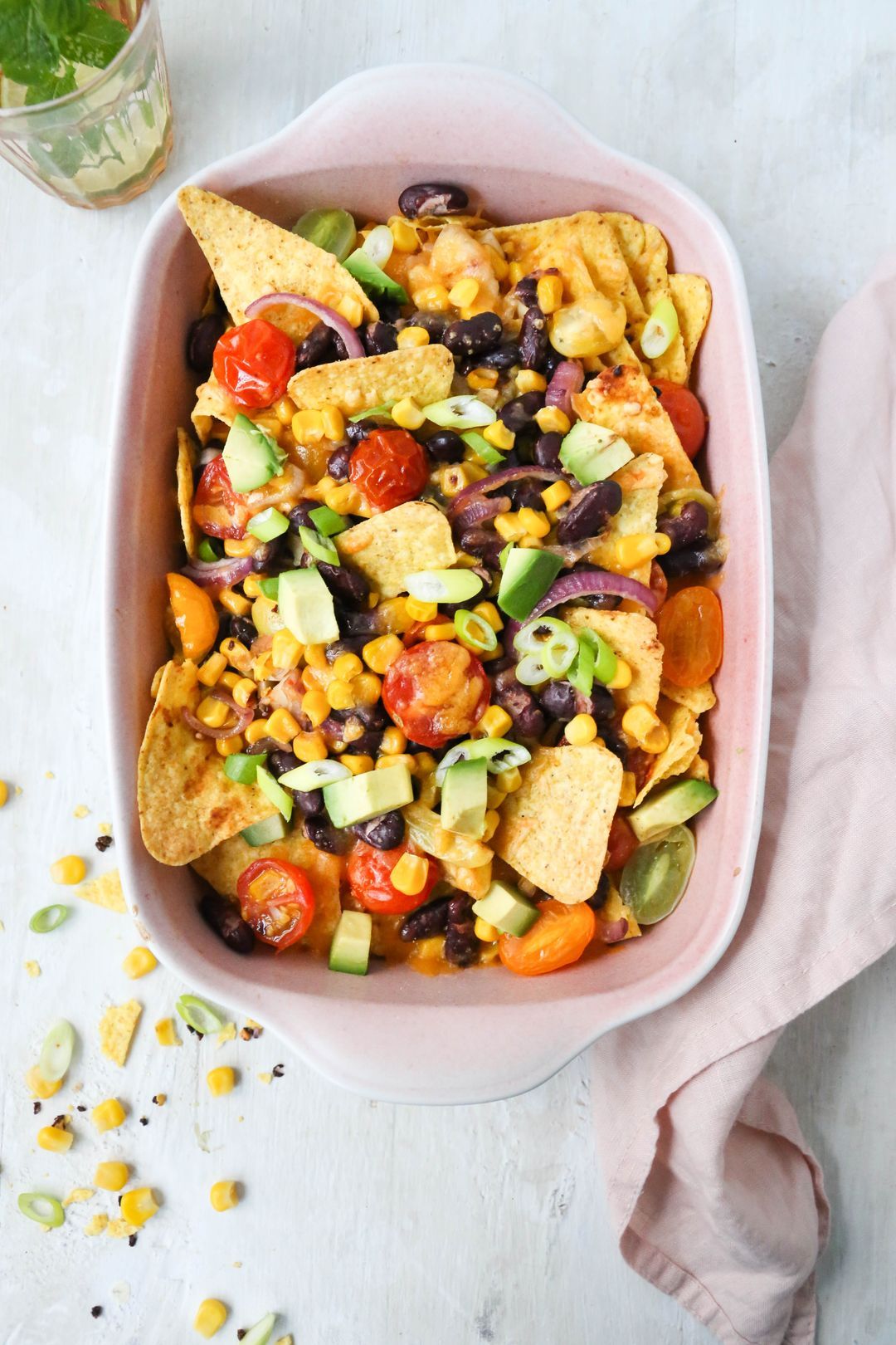 Nacho dish with kidney beans and corn
