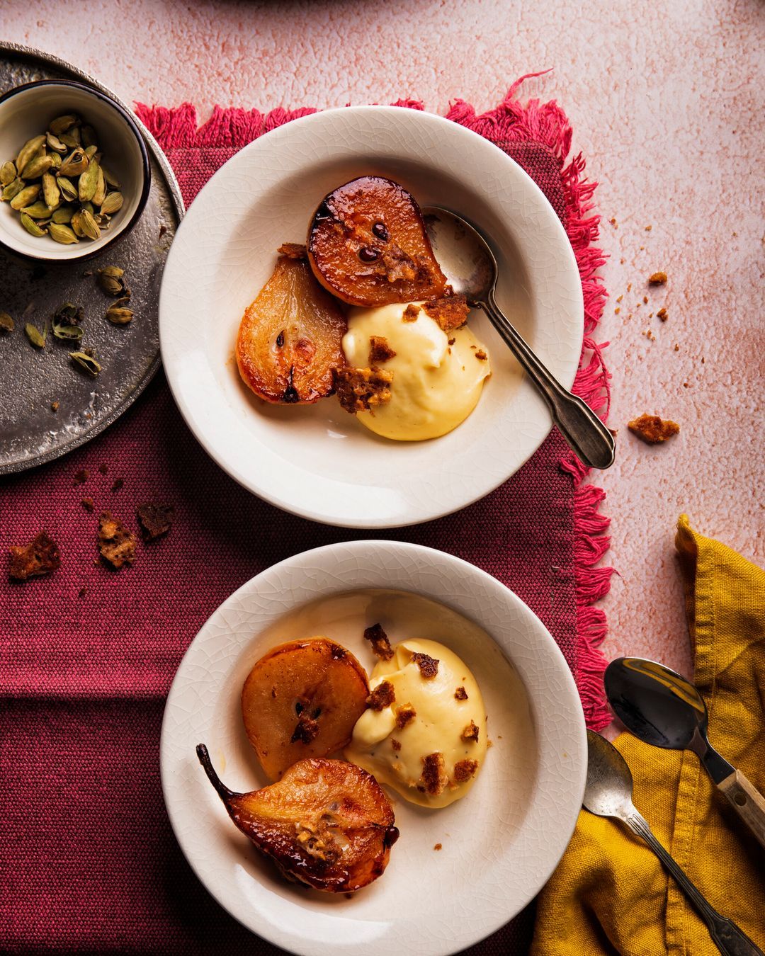 Roasted pears with cardamom mustard and chat heads